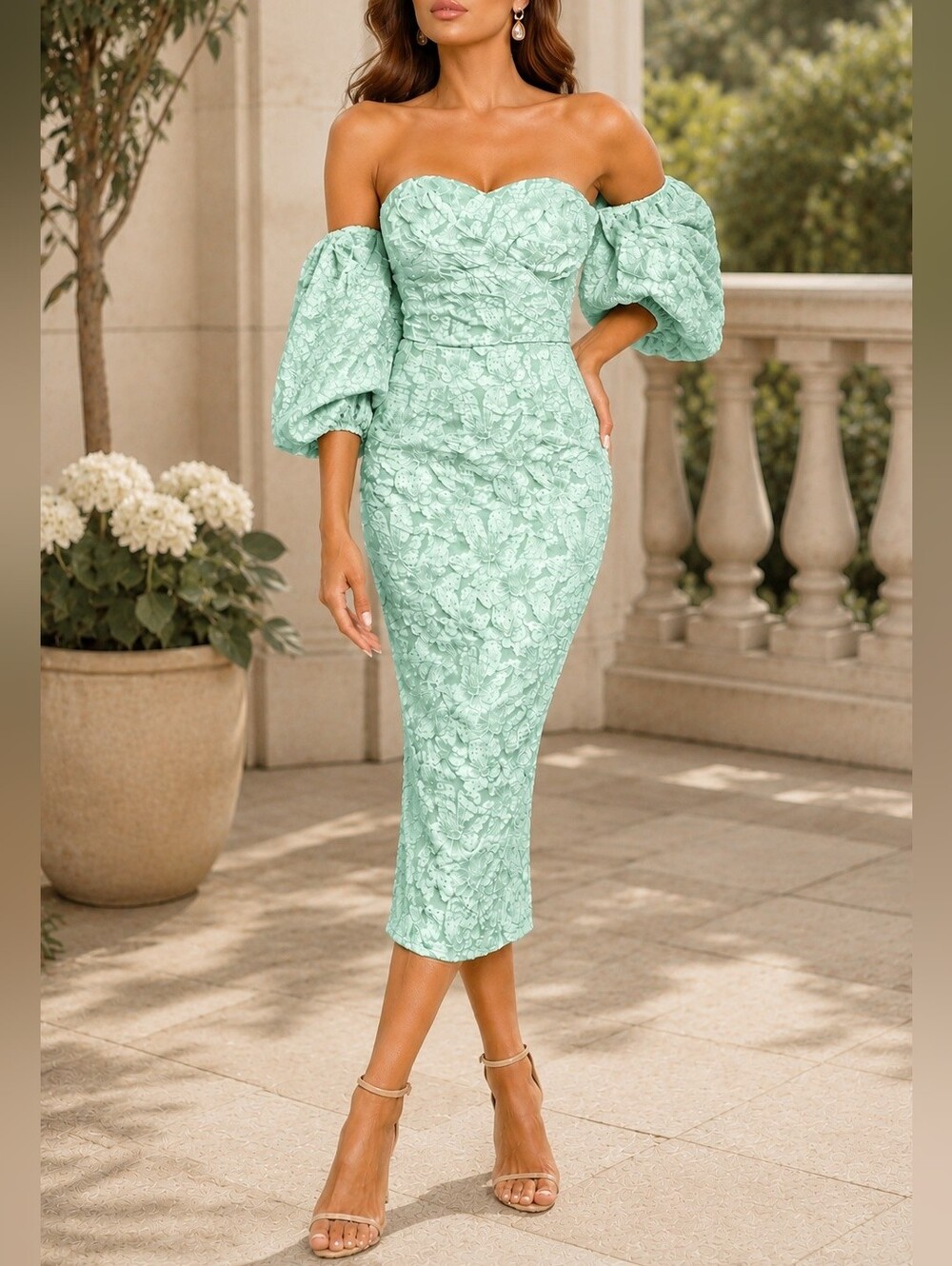 * New Luxe Textured Floral Puffed Sleeve Dress Midi Off Shoulder Green